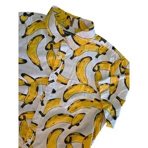 Amongst Others Mens Banana Print Button Down Shirt Short Sleeve White Yellow M